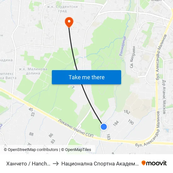 Ханчето / Hancheto (2300) to Национална Спортна Академия Васил Левски map