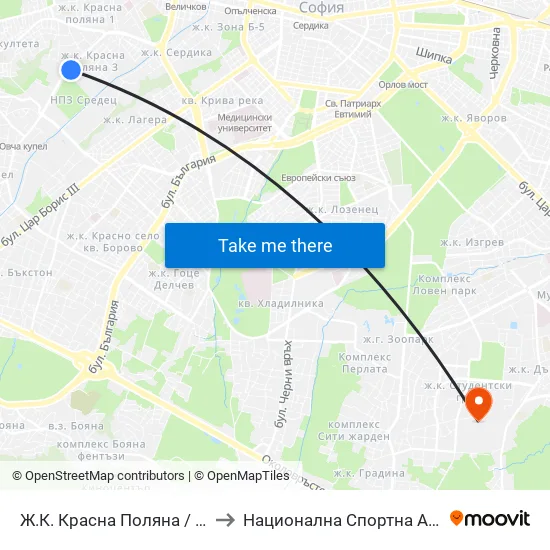 Ж.К. Красна Поляна / Krasna Polyana (0633) to Национална Спортна Академия Васил Левски map