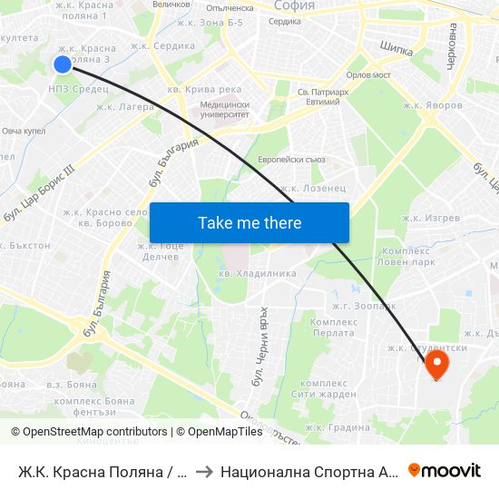 Ж.К. Красна Поляна / Krasna Polyana (0634) to Национална Спортна Академия Васил Левски map
