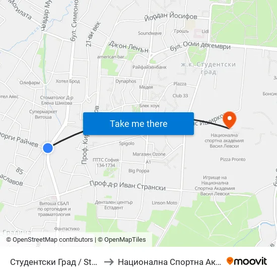 Студентски Град / Students' Town (2381) to Национална Спортна Академия Васил Левски map