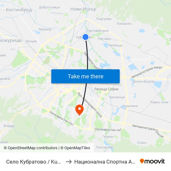 Село Кубратово / Kubratovo Village (1543) to Национална Спортна Академия Васил Левски map