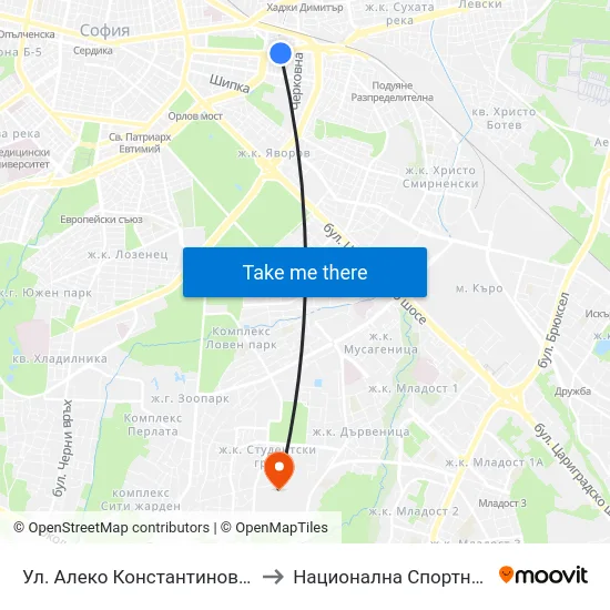 Ул. Алеко Константинов / Aleko Konstantinov St. (1821) to Национална Спортна Академия Васил Левски map