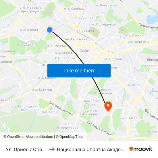 Ул. Орион / Orion St. (2090) to Национална Спортна Академия Васил Левски map