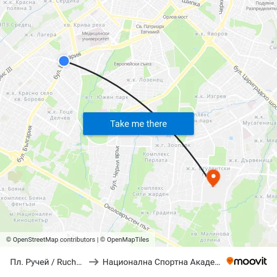 Пл. Ручей / Ruchey Sq. (1303) to Национална Спортна Академия Васил Левски map