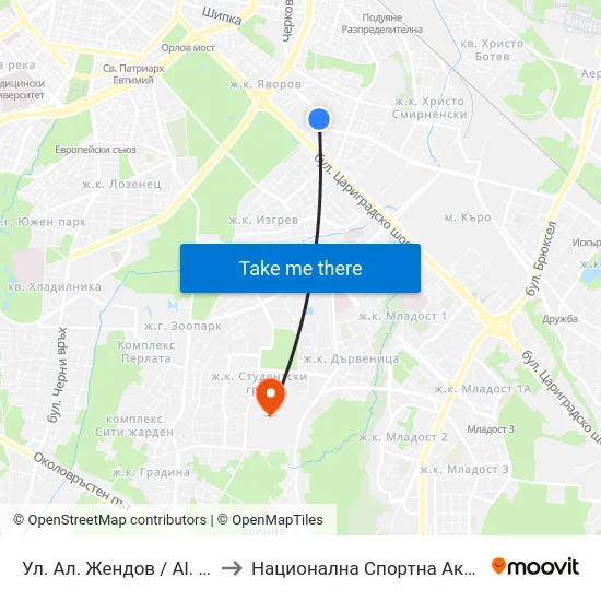 Ул. Ал. Жендов / Al. Zhendov St. (1823) to Национална Спортна Академия Васил Левски map