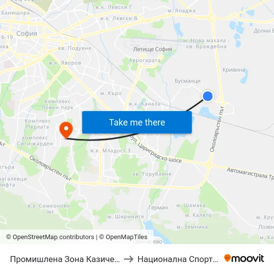 Промишлена Зона Казичене / Industrial Zone Kazichene (1702) to Национална Спортна Академия Васил Левски map