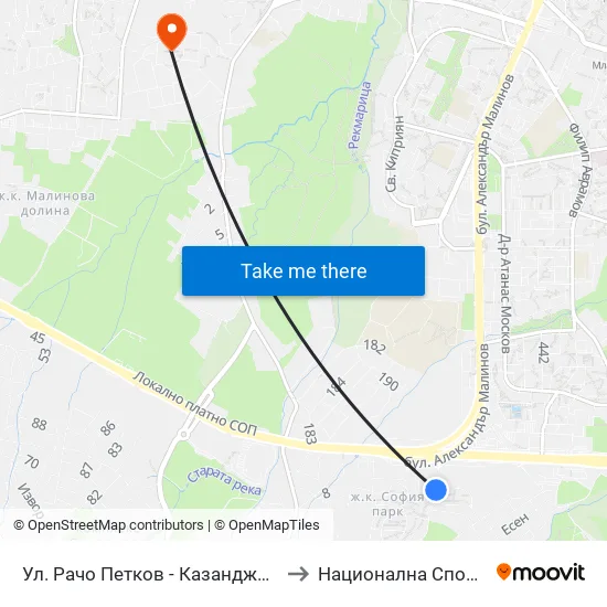 Ул. Рачо Петков - Казанджията / Racho Petkov Kazandzhiyata St. (2650) to Национална Спортна Академия Васил Левски map