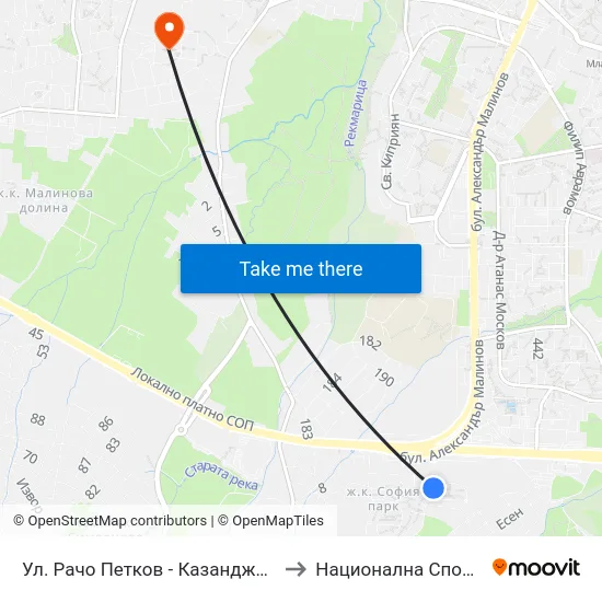 Ул. Рачо Петков - Казанджията / Racho Petkov Kazandzhiyata St. (2651) to Национална Спортна Академия Васил Левски map