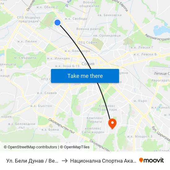 Ул. Бели Дунав / Beli Dunav St. (2577) to Национална Спортна Академия Васил Левски map