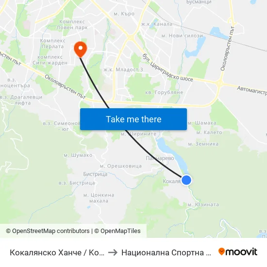Кокалянско Ханче / Kokalyansko Hanche (0962) to Национална Спортна Академия Васил Левски map