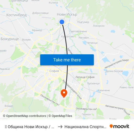 👋 Община Нови Искър / Municipality Of Novi Iskar (0956) to Национална Спортна Академия Васил Левски map