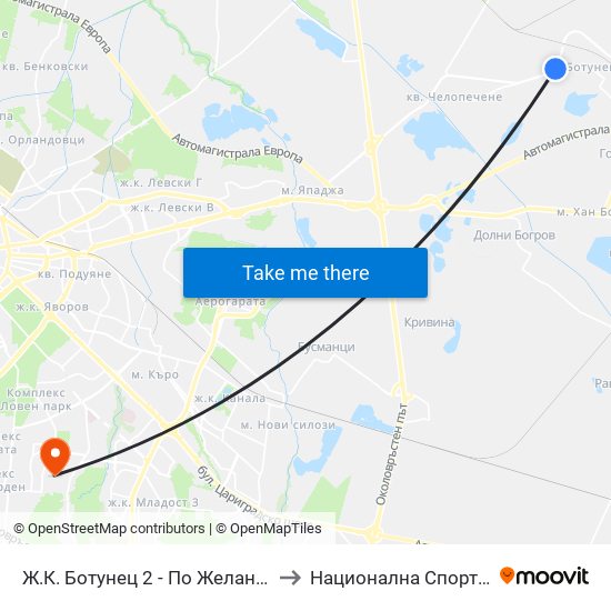 Ж.К. Ботунец 2 - По Желание / Botunets 2 Qr. - on Demand (0585) to Национална Спортна Академия Васил Левски map