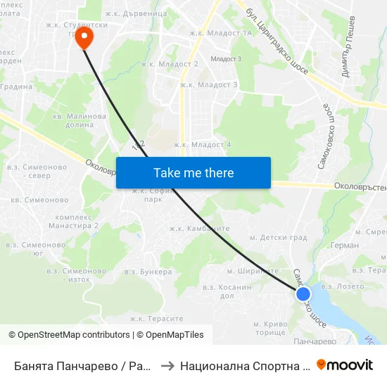 👋 Банята Панчарево / Pancharevo Public Bath (0102) to Национална Спортна Академия Васил Левски map