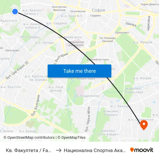 Кв. Факултета / Fakulteta Qr. (1228) to Национална Спортна Академия Васил Левски map