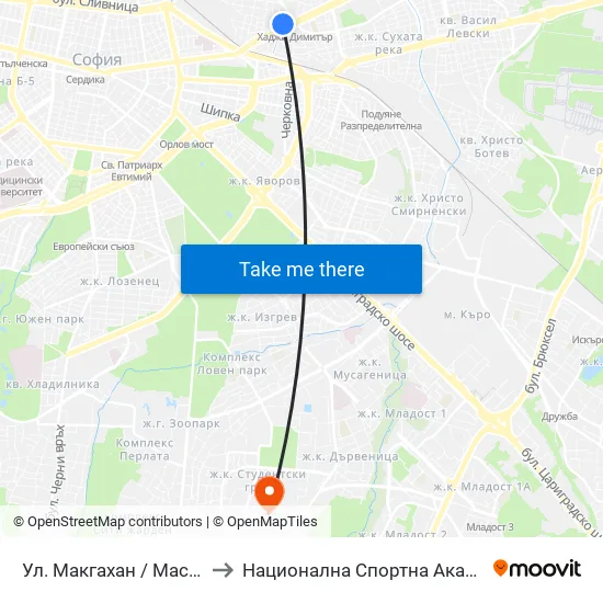 Ул. Макгахан / Macgahan St. (2041) to Национална Спортна Академия Васил Левски map