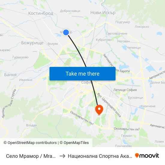 Село Мрамор / Mramor Village (1550) to Национална Спортна Академия Васил Левски map