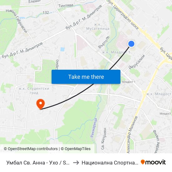 Умбал Св. Анна - Ухо / St. Anna Hospital - Loop (1197) to Национална Спортна Академия Васил Левски map
