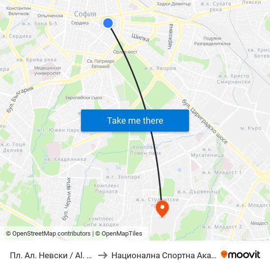 Пл. Ал. Невски / Al. Nevsky Sq. (1264) to Национална Спортна Академия Васил Левски map