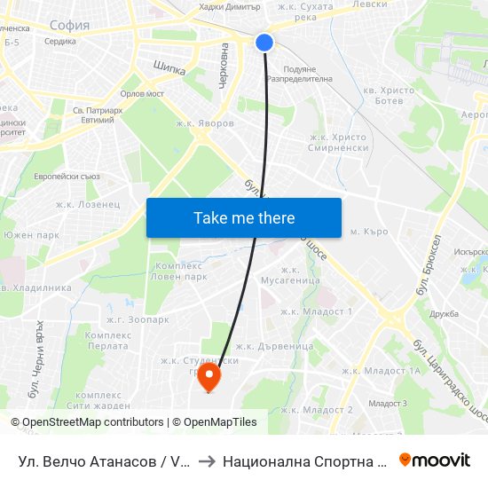 Ул. Велчо Атанасов / Velcho Atanasov St. (1865) to Национална Спортна Академия Васил Левски map