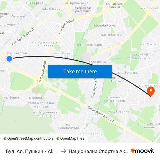 Бул. Ал. Пушкин / Al. Pushkin Blvd. (0276) to Национална Спортна Академия Васил Левски map