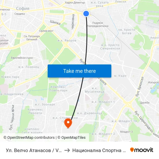 Ул. Велчо Атанасов / Velcho Atanasov St. (1866) to Национална Спортна Академия Васил Левски map