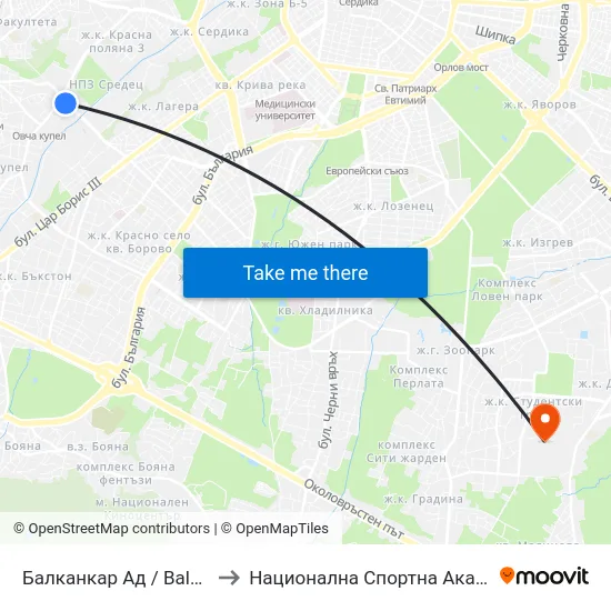 Балканкар Ад / Balkancar Jsc (0564) to Национална Спортна Академия Васил Левски map
