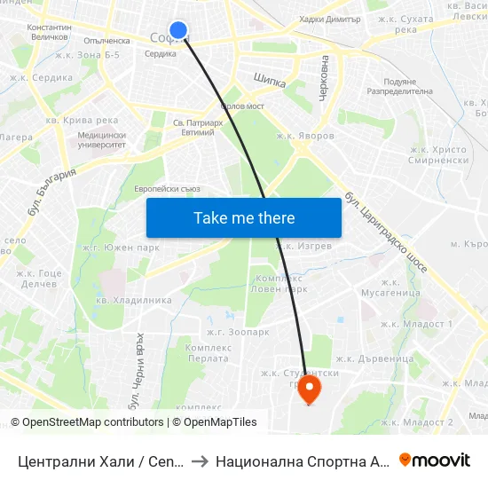 Централни Хали / Central Market Hall (2335) to Национална Спортна Академия Васил Левски map
