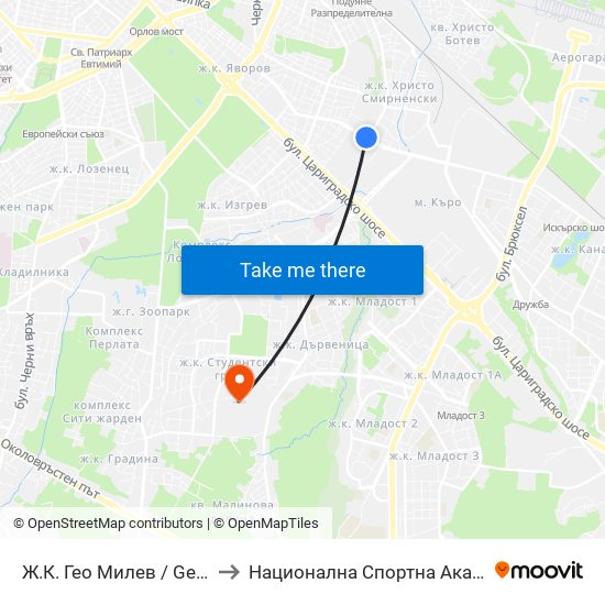 Ж.К. Гео Милев / Geo Milev Qr. (0595) to Национална Спортна Академия Васил Левски map
