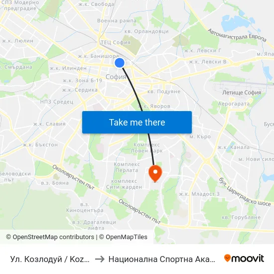 Ул. Козлодуй / Kozloduy St. (2001) to Национална Спортна Академия Васил Левски map