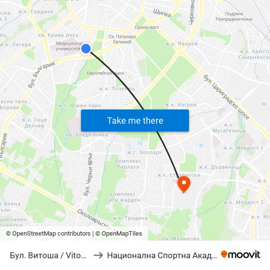 Бул. Витоша / Vitosha Blvd. (0301) to Национална Спортна Академия Васил Левски map