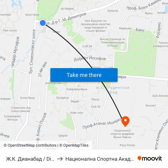 Ж.К. Дианабад / Dianabad (0603) to Национална Спортна Академия Васил Левски map