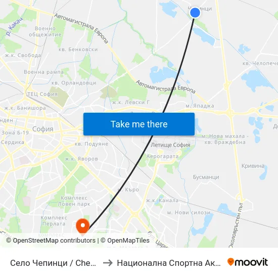 Село Чепинци / Chepintsi Village (1562) to Национална Спортна Академия Васил Левски map