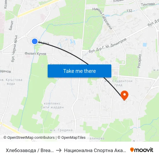 Хлебозавода / Bread Factory (2313) to Национална Спортна Академия Васил Левски map
