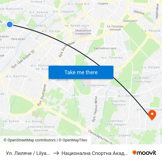 Ул. Лиляче / Lilyache St. (2031) to Национална Спортна Академия Васил Левски map