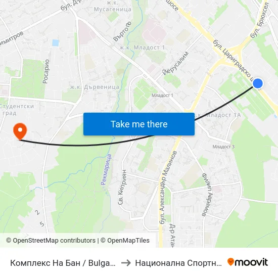 Комплекс На Бан / Bulgarian Academy Of Sciences (0086) to Национална Спортна Академия Васил Левски map