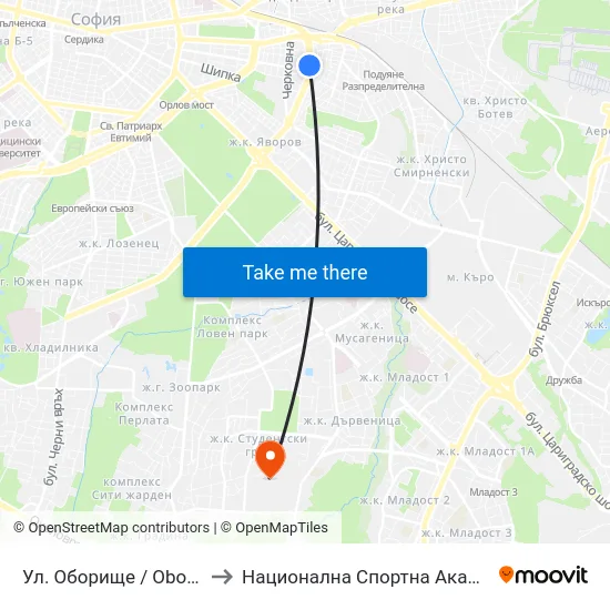 Ул. Оборище / Oborishte St. (2072) to Национална Спортна Академия Васил Левски map