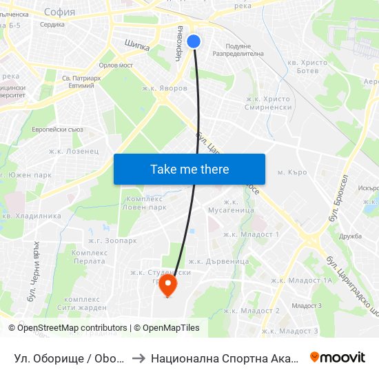 Ул. Оборище / Oborishte St. (2070) to Национална Спортна Академия Васил Левски map
