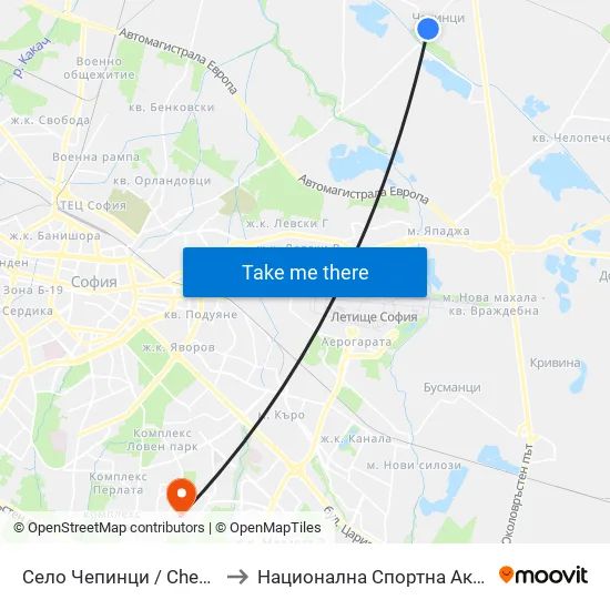 Село Чепинци / Chepintsi Village (1563) to Национална Спортна Академия Васил Левски map