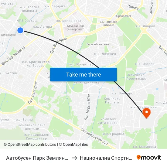 Автобусен Парк Земляне / Zemlyane Bus Depot (0079) to Национална Спортна Академия Васил Левски map