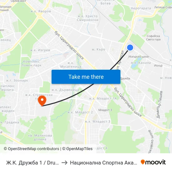 Ж.К. Дружба 1 / Druzhba 1 Qr. (0607) to Национална Спортна Академия Васил Левски map