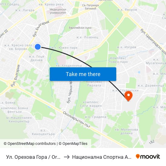 Ул. Орехова Гора / Orehova Gora St. (2089) to Национална Спортна Академия Васил Левски map