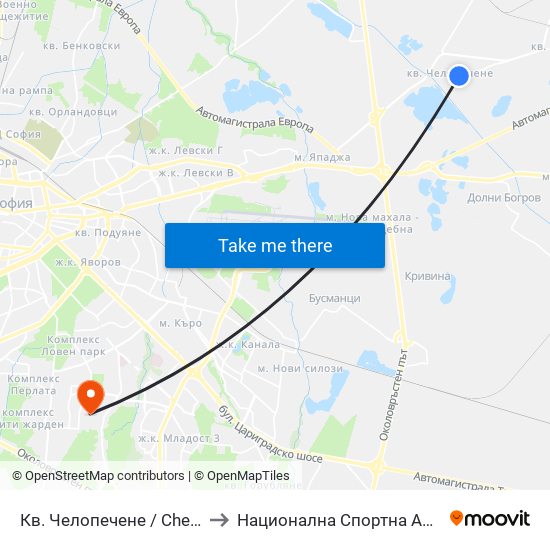 Кв. Челопечене / Chelopechene Qr. (1560) to Национална Спортна Академия Васил Левски map