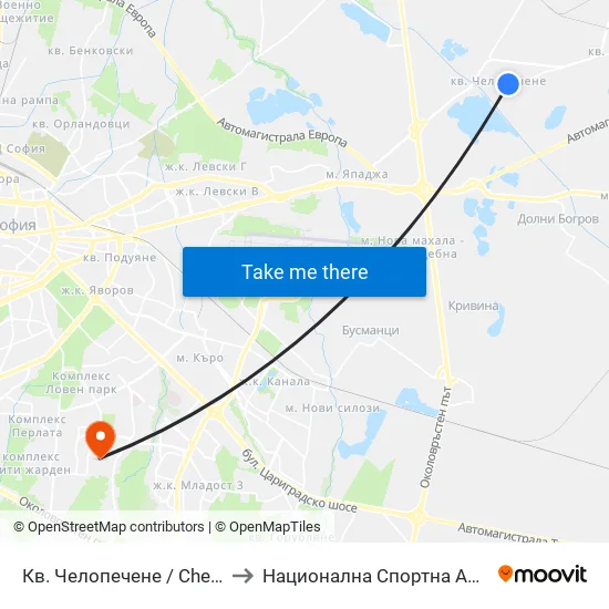 Кв. Челопечене / Chelopechene Qr. (1560) to Национална Спортна Академия Васил Левски map
