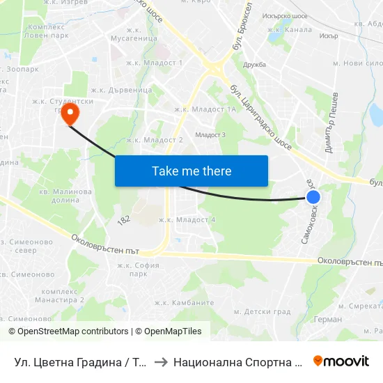 Ул. Цветна Градина / Tsvetna Gradina St. (2256) to Национална Спортна Академия Васил Левски map