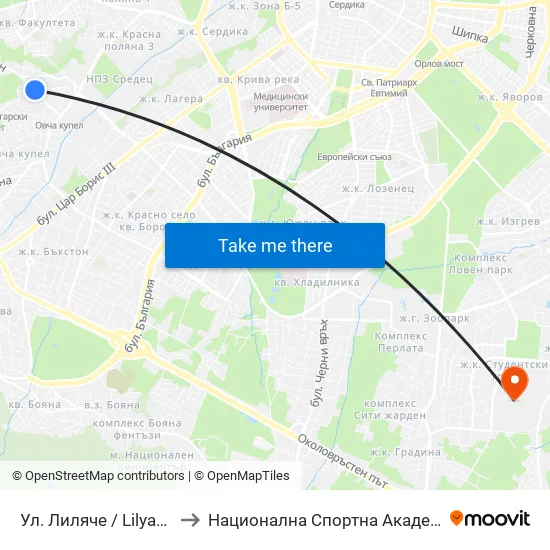 Ул. Лиляче / Lilyache St. (2030) to Национална Спортна Академия Васил Левски map
