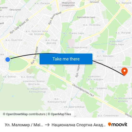 Ул. Маломир / Malomir St. (2044) to Национална Спортна Академия Васил Левски map