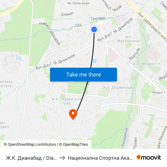 Ж.К. Дианабад / Dianabad Qr. (0630) to Национална Спортна Академия Васил Левски map