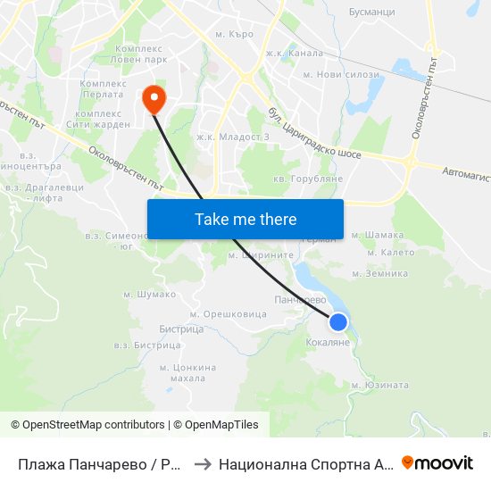 Плажа Панчарево / Pancharevo Beach (1335) to Национална Спортна Академия Васил Левски map