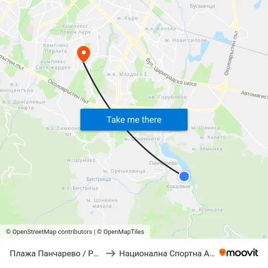 Плажа Панчарево / Pancharevo Beach (1334) to Национална Спортна Академия Васил Левски map