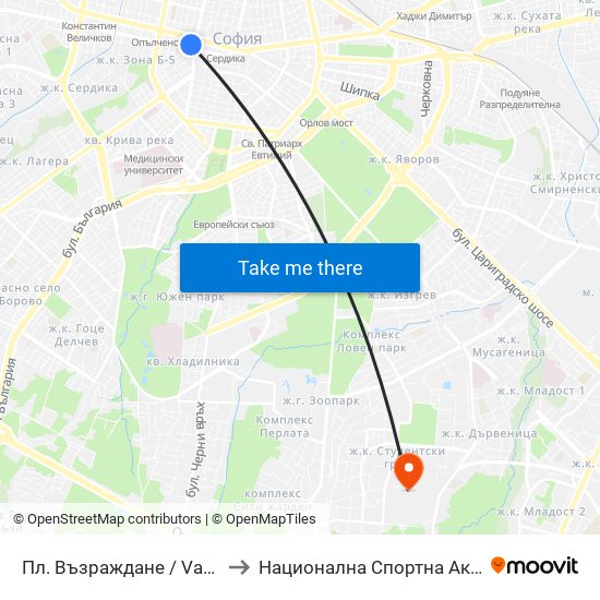 Пл. Възраждане / Vazrazhdane Sq. (1271) to Национална Спортна Академия Васил Левски map